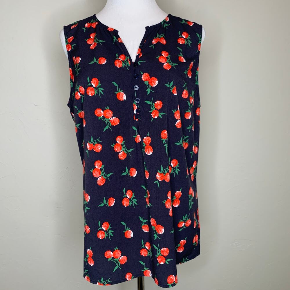 Talbots Blue Red Carnation Flora Sleeveless Blouse Sz Large
